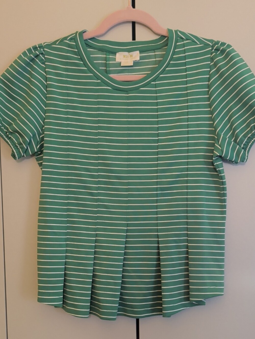 Anthropologie Maeve Green and White Striped Pleated Tee